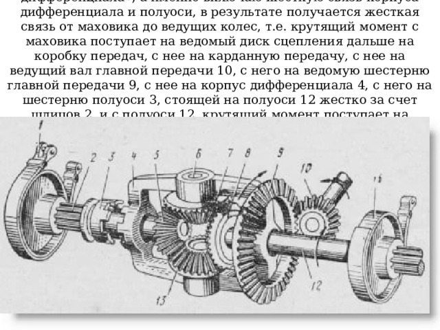 Во избежания пробуксовки колес применяют «блокировку дифференциала», а именно включаю жесткую связь корпуса дифференциала и полуоси, в результате получается жесткая связь от маховика до ведущих колес, т.е. крутящий момент с маховика поступает на ведомый диск сцепления дальше на коробку передач, с нее на карданную передачу, с нее на ведущий вал главной передачи 10, с него на ведомую шестерню главной передачи 9, с нее на корпус дифференциала 4, с него на шестерню полуоси 3, стоящей на полуоси 12 жестко за счет шлицов 2, и с полуоси 12, крутящий момент поступает на ведущие колеса автомобиля 13 