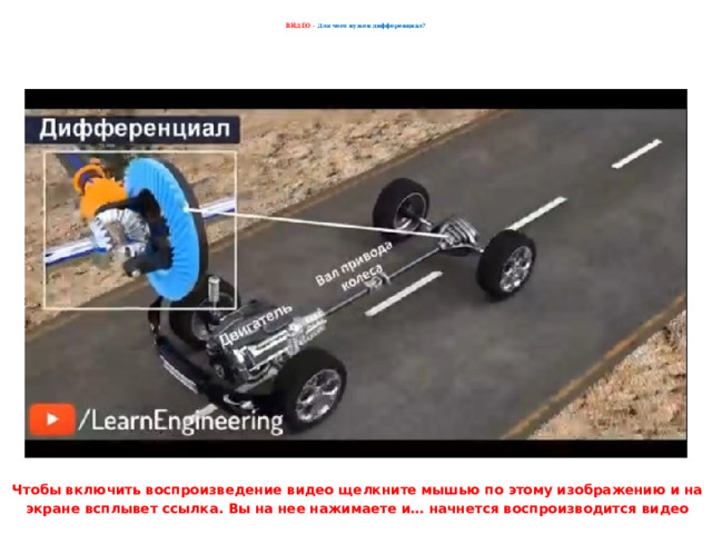      ВИДЕО - Для чего нужен дифференциал?      Чтобы включить воспроизведение видео щелкните мышью по этому изображению и на экране всплывет ссылка. Вы на нее нажимаете и… начнется воспроизводится видео 