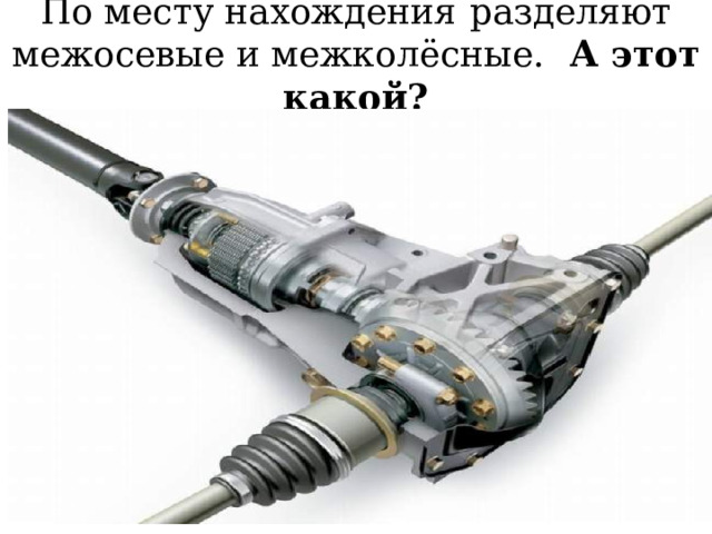 По месту нахождения  разделяют межосевые и межколёсные. А этот какой?  