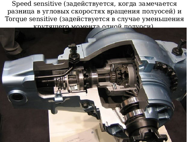 Speed sensitive (задействуется, когда замечается разница в угловых скоростях вращения полуосей) и Torque sensitive (задействуется в случае уменьшения крутящего момента одной полуоси).  