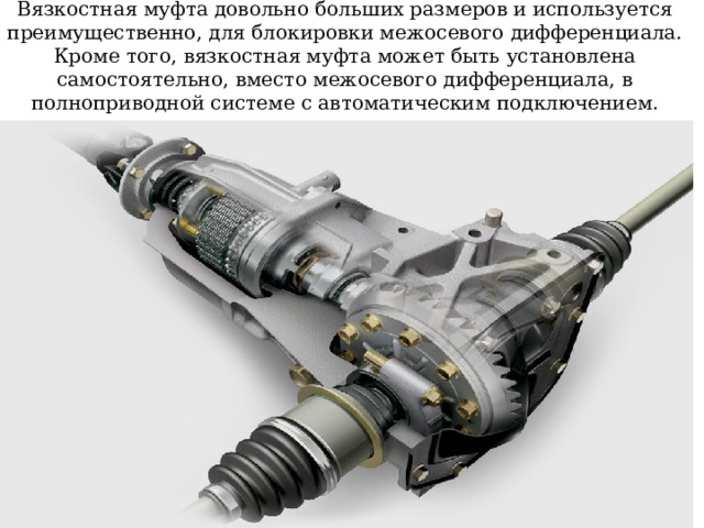 Вязкостная муфта довольно больших размеров и используется преимущественно, для блокировки межосевого дифференциала. Кроме того, вязкостная муфта может быть установлена самостоятельно, вместо межосевого дифференциала, в полноприводной системе с автоматическим подключением. 