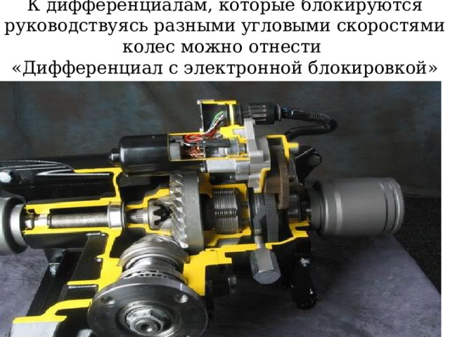 К дифференциалам, которые блокируются руководствуясь разными угловыми скоростями колес можно отнести  «Дифференциал с электронной блокировкой» 