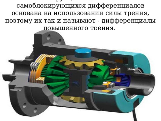 Конструкция большинства самоблокирующихся дифференциалов основана на использовании силы трения, поэтому их так и называют - дифференциалы повышенного трения. 