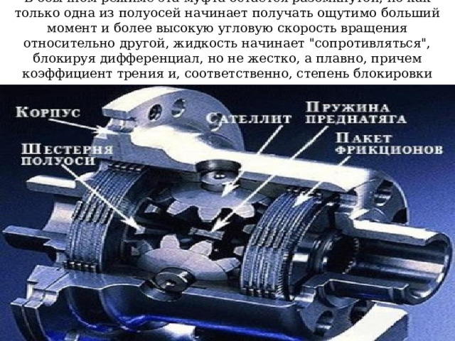 В обычном режиме эта муфта остается разомкнутой, но как только одна из полуосей начинает получать ощутимо больший момент и более высокую угловую скорость вращения относительно другой, жидкость начинает 