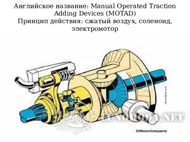 Английское название: Manual Operated Traction Adding Devices (MOTAD)  Принцип действия: сжатый воздух, соленоид, электромотор 