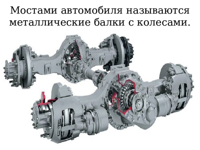 Мостами автомобиля называются металлические балки с колесами. 