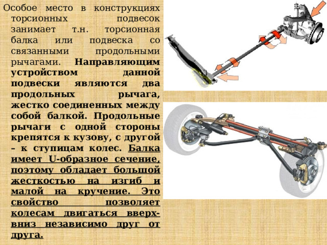 Особое место в конструкциях торсионных подвесок занимает т.н. торсионная балка или подвеска со связанными продольными рычагами. Направляющим устройством данной подвески являются два продольных рычага, жестко соединенных между собой балкой. Продольные рычаги с одной стороны крепятся к кузову, с другой – к ступицам колес. Балка имеет U-образное сечение, поэтому обладает большой жесткостью на изгиб и малой на кручение. Это свойство позволяет колесам двигаться вверх-вниз независимо друг от друга. 
