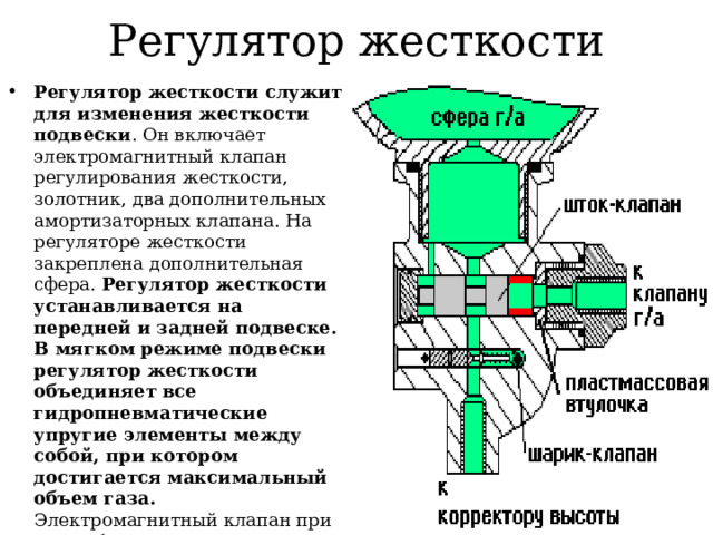 Регулятор жесткости Регулятор жесткости служит для изменения жесткости подвески . Он включает электромагнитный клапан регулирования жесткости, золотник, два дополнительных амортизаторных клапана. На регуляторе жесткости закреплена дополнительная сфера. Регулятор жесткости устанавливается на передней и задней подвеске. В мягком режиме подвески регулятор жесткости объединяет все гидропневматические упругие элементы между собой, при котором достигается максимальный объем газа. Электромагнитный клапан при этом обесточен. При подаче напряжения на электромагнитный клапан включается жесткий режим подвески, при котором стойки, задние цилиндры и дополнительные сферы изолируются друг от друга. 