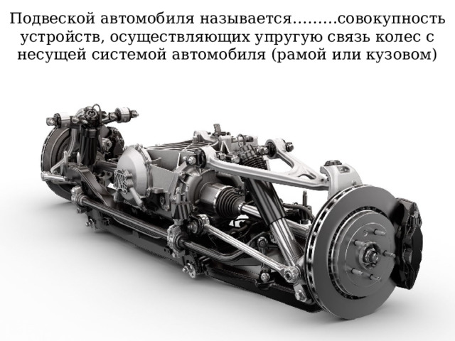 Подвеской автомобиля называется………совокупность устройств, осуществляющих упругую связь колес с несущей системой автомобиля (рамой или кузовом) 