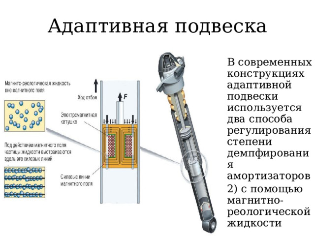 Адаптивная подвеска В современных конструкциях адаптивной подвески используется два способа регулирования степени демпфирования амортизаторов 2) с помощью магнитно-реологической жидкости  