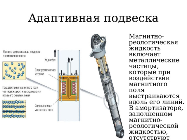 Адаптивная подвеска Магнитно-реологическая жидкость включает металлические частицы, которые при воздействии магнитного поля выстраиваются вдоль его линий. В амортизаторе, заполненном магнитно-реологической жидкостью, отсутствуют традиционные клапаны 