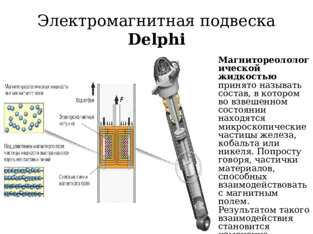 Электромагнитная подвеска Delphi Магнитореолологической жидкостью принято называть состав, в котором во взвешенном состоянии находятся микроскопические частицы железа, кобальта или никеля. Попросту говоря, частички материалов, способных взаимодействовать с магнитным полем. Результатом такого взаимодействия становится изменение пределов текучести вещества. 