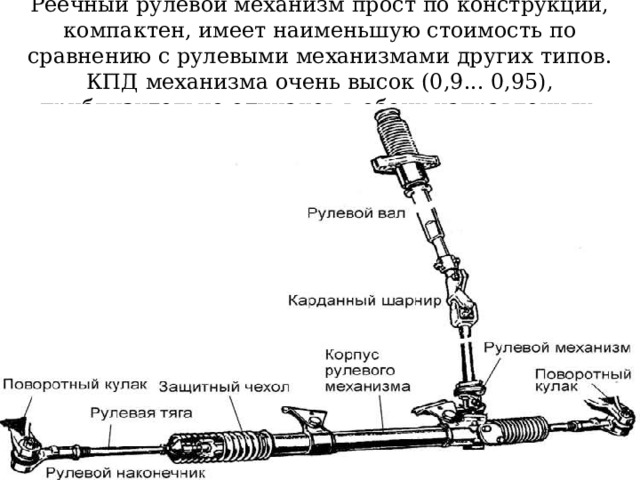 Реечный рулевой механизм прост по конструкции, компактен, имеет наименьшую стоимость по сравнению с рулевыми механизмами других типов. КПД механизма очень высок (0,9... 0,95), приблизительно одинаков в обоих направлениях. 