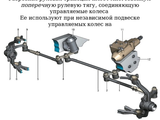 Разрезная рулевая трапеция имеет многозвенную поперечную рулевую тягу, соединяющую управляемые колеса  Ее используют при независимой подвеске управляемых колес на  легковых автомобилях. 