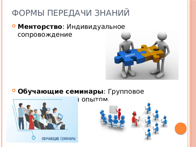 Формы передачи знаний Менторство : Индивидуальное сопровождение Обучающие семинары : Групповое обучение и обмен опытом. 