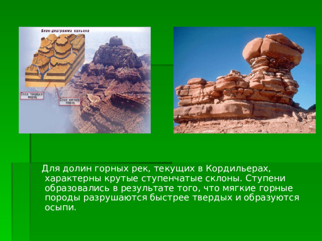  Для долин горных рек, текущих в Кордильерах, характерны крутые ступенчатые склоны. Ступени образовались в результате того, что мягкие горные породы разрушаются быстрее твердых и образуются осыпи. 