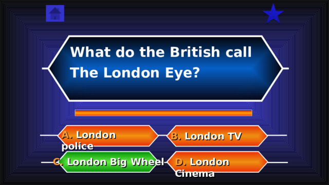 What do the British call The London Eye? A. London police B. London TV  D. London Cinema C. London Big Wheel    