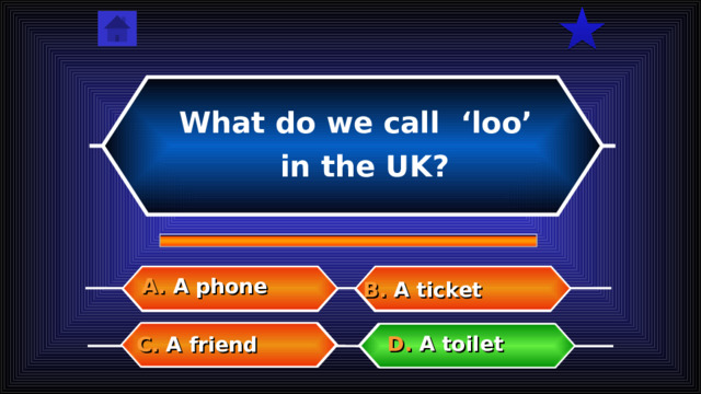What do we call ‘loo’  in the UK? A. A phone  B. A ticket  D. A toilet  C. A friend   