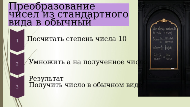  Преобразование чисел из стандартного вида в обычный Посчитать степень числа 10 Умножить a на полученное число Результат Получить число в обычном виде 