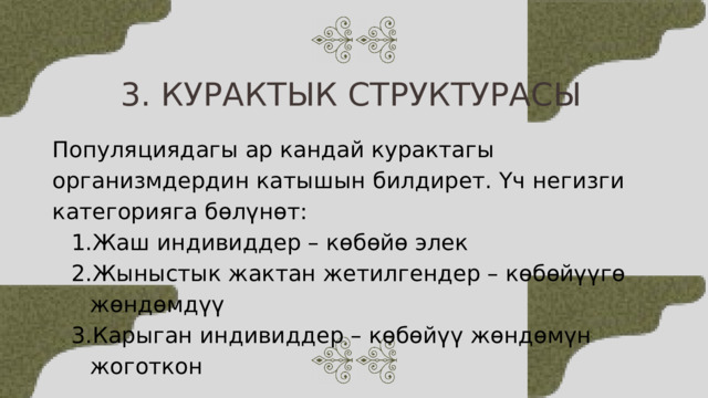 3. КУРАКТЫК СТРУКТУРАСЫ Популяциядагы ар кандай курактагы организмдердин катышын билдирет. Үч негизги категорияга бөлүнөт: Жаш индивиддер – көбөйө элек Жыныстык жактан жетилгендер – көбөйүүгө жөндөмдүү Карыган индивиддер – көбөйүү жөндөмүн жоготкон Жаш индивиддер – көбөйө элек Жыныстык жактан жетилгендер – көбөйүүгө жөндөмдүү Карыган индивиддер – көбөйүү жөндөмүн жоготкон 