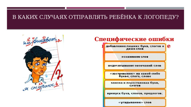 В каких случаях отправлять ребёнка к логопеду?   Специфические ошибки при чтении и письме       