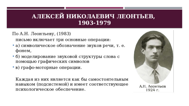 Алексей Николаевич Леонтьев,  1903-1979 По А.Н. Леонтьеву, (1983)  письмо включает три основные операции: а) символическое обозначение звуков речи, т. е. фонем, б) моделирование звуковой структуры слова с помощью графических символов в) графо-моторные операции.  Каждая из них является как бы самостоятельным навыком (подсистемой) и имеет соответствующее психологическое обеспечение. 
