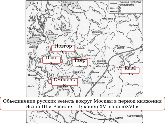 Новгород Псков Тверь Казань Смоленск Обьединение русских земель вокруг Москвы в период княжения Ивана III и Василия III; конец XV- началоXVI в. 