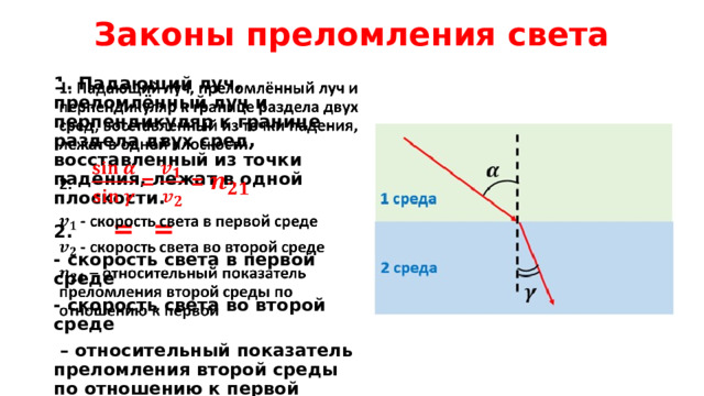 Законы преломления света 1. Падающий луч, преломлённый луч и перпендикуляр к границе раздела двух сред, восставленный из точки падения, лежат в одной плоскости.   2. = = - скорость света в первой среде - скорость света во второй среде – относительный показатель преломления второй среды по отношению к первой 
