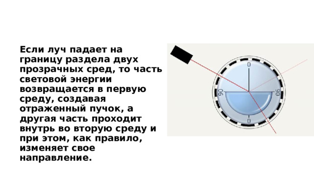 Если луч падает на границу раздела двух прозрачных сред, то часть световой энергии возвращается в первую среду, создавая отраженный пучок, а другая часть проходит внутрь во вторую среду и при этом, как правило, изменяет свое направление. 