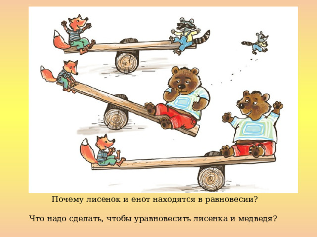 Почему лисенок и енот находятся в равновесии?  Что надо сделать, чтобы уравновесить лисенка и медведя?  