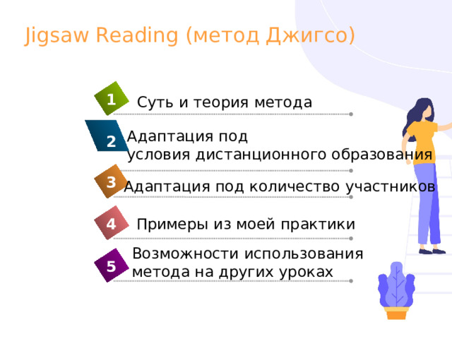 Jigsaw Reading (метод Джигсо) 1 Суть и теория метода Адаптация под условия дистанционного образования 2 3 Адаптация под количество участников Примеры из моей практики 4 Возможности использования метода на других уроках 5 