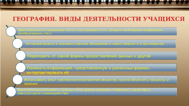 ГЕОГРАФИЯ. ВИДЫ ДЕЯТЕЛЬНОСТИ УЧАЩИХСЯ Ориентироваться  в  содержании  текста,  структурировать  его,  находить необходимую  информацию,  преобразовывать текст  Интерпретировать  и  оценивать  данные,  обнаруживать  недостоверность  и  противоречия Переходить  от  одной  формы  предоставления  данных  к  другой Понимать информацию,  представленную  в  различных  формах, интерпретировать  её Использовать опыт  чувственного  восприятия  объектов,  научно объяснять  процессы  и  явления Критически рассматривать  с  разных  точек  зрения  проблемы  глобального  характера  и  межкультурного  взаимодействия 