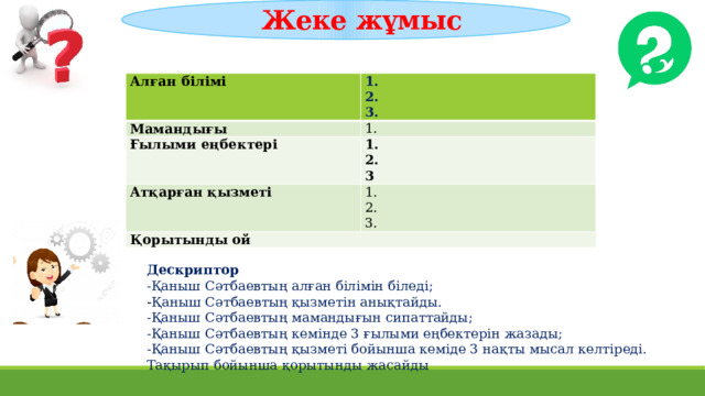 Жеке жұмыс Алған білімі Мамандығы  1. Ғылыми еңбектері 1. 2. 3. Атқарған қызметі 1. 1. 2. Қорытынды ой 2. 3 3. Дескриптор -Қаныш Сәтбаевтың алған білімін біледі; - Қаныш Сәтбаевтың қызметін анықтайды. -Қаныш Сәтбаевтың мамандығын сипаттайды; -Қаныш Сәтбаевтың кемінде 3 ғылыми еңбектерін жазады; -Қаныш Сәтбаевтың қызметі бойынша кеміде 3 нақты мысал келтіреді. Тақырып бойынша қорытынды жасайды 
