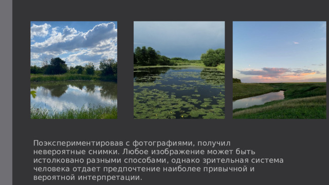 Поэкспериментировав с фотографиями, получил невероятные снимки. Любое изображение может быть истолковано разными способами, однако зрительная система человека отдает предпочтение наиболее привычной и вероятной интерпретации. 
