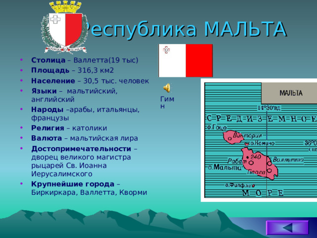 Республика МАЛЬТА Столица – Валлетта(19 тыс) Площадь – 316,3 км2 Население – 30,5 тыс. человек Языки – мальтийский, английский Народы –арабы, итальянцы, французы Религия – католики Валюта – мальтийская лира Достопримечательности – дворец великого магистра рыцарей Св. Иоанна Иерусалимского Крупнейшие города – Биркиркара, Валлетта, Кворми Гимн 