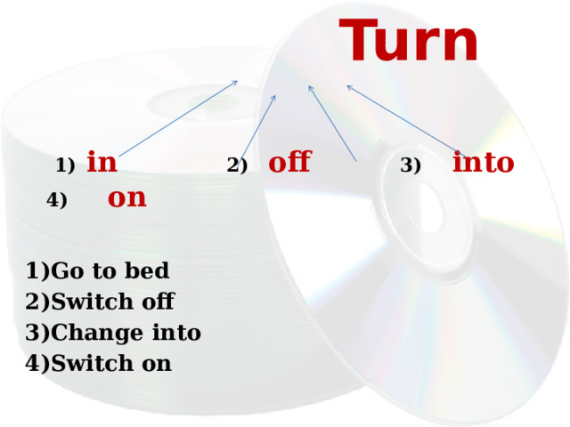  Turn   1)  in 2)  off  3)  into  4)  on  1)Go to bed 2)Switch off 3)Change into 4)Switch on  