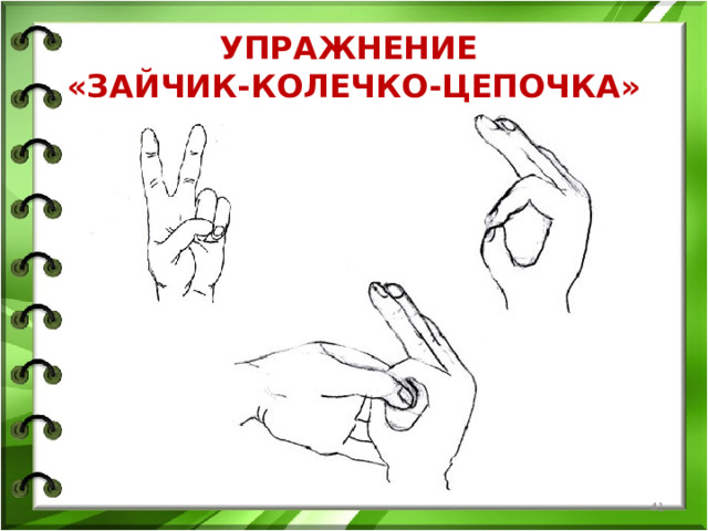 УПРАЖНЕНИЕ  «ЗАЙЧИК-КОЛЕЧКО-ЦЕПОЧКА»  