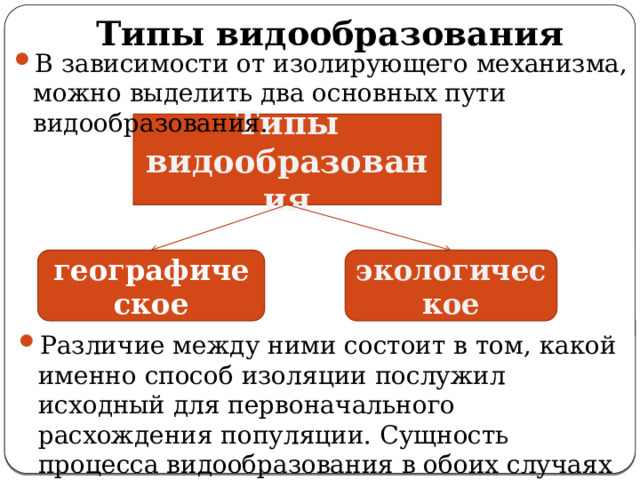 Типы видообразования В зависимости от изолирующего механизма, можно выделить два основных пути видообразования. Типы видообразования географическое экологическое Различие между ними состоит в том, какой именно способ изоляции послужил исходный для первоначального расхождения популяции. Сущность процесса видообразования в обоих случаях одинакова. 