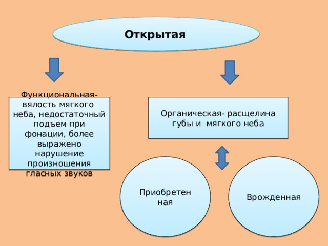 Открытая  Функциональная - вялость мягкого неба, недостаточный подъем при фонации, более выражено нарушение произношения гласных звуков Органическая - расщелина губы и мягкого неба Приобретенная Врожденная 