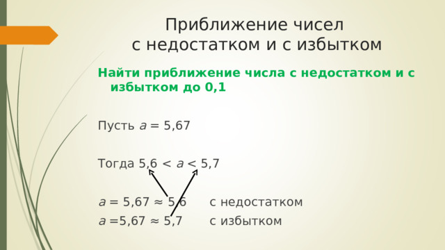 Приближение чисел  с недостатком и с избытком Найти приближение числа с недостатком и с избытком до 0,1 Пусть а = 5,67 Тогда 5,6 a   а = 5,67 ≈ 5,6 с недостатком а =5,67 ≈ 5,7 с избытком 
