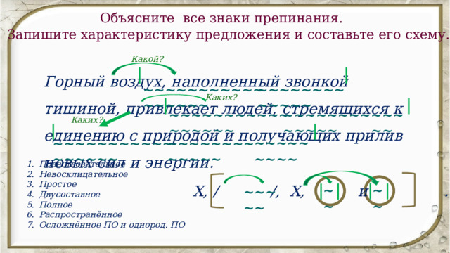   Объясните все знаки препинания. Запишите характеристику предложения и составьте его схему. Какой? Горный воздух, наполненный звонкой тишиной, привлекает людей, стремящихся к единению с природой и получающих прилив новых сил и энергии. ~~~~~~~~~~~~~~~~~ ~~~~~~~~~~~~~ Каких? ~~~~~ ~~~~~~~~~~~~~ ~~~~~~~~~~~~~~~~~ Каких? ~~~~~~~~~ ~~~~~~~~~~~~~~~~~ ~~~~~~~~~~~~~ Повествовательное Невосклицательное Простое Двусоставное Полное Распространённое Осложнённое ПО и однород. ПО Х, / /, Х, и . ~~ ~~ ~~~~~ 
