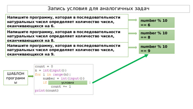 Запись условия для аналогичных задач Напишите программу, которая в последовательности натуральных чисел определяет количество чисел, оканчивающихся на 6.  number % 10 == 6 Напишите программу, которая в последовательности натуральных чисел определяет количество чисел, оканчивающихся на 8. number % 10 == 8 Напишите программу, которая в последовательности натуральных чисел определяет количество чисел, оканчивающихся на 9.  number % 10 == 9 ШАБЛОН программы 