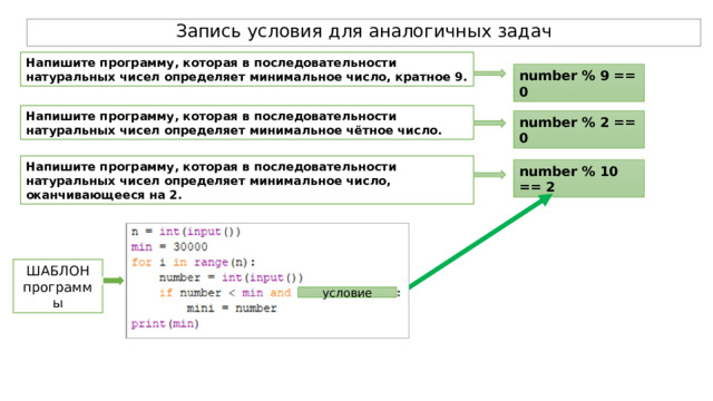 Запись условия для аналогичных задач Напишите программу, которая в последовательности натуральных чисел определяет минимальное число, кратное 9. number % 9 == 0 Напишите программу, которая в последовательности натуральных чисел определяет минимальное чётное число. number % 2 == 0 Напишите программу, которая в последовательности натуральных чисел определяет минимальное число, оканчивающееся на 2.  number % 10 == 2 ШАБЛОН программы условие 