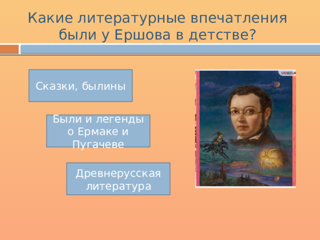 Какие литературные впечатления были у Ершова в детстве? Сказки, былины Были и легенды о Ермаке и Пугачеве Древнерусская литература 