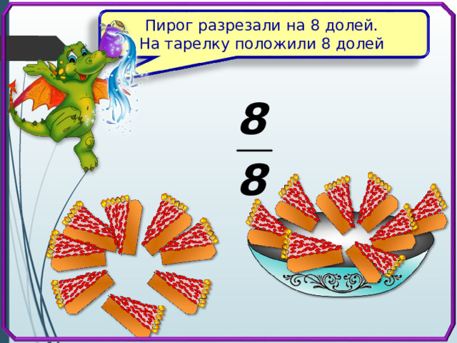 Пирог разрезали на 8 долей. На тарелку положили 8 долей 