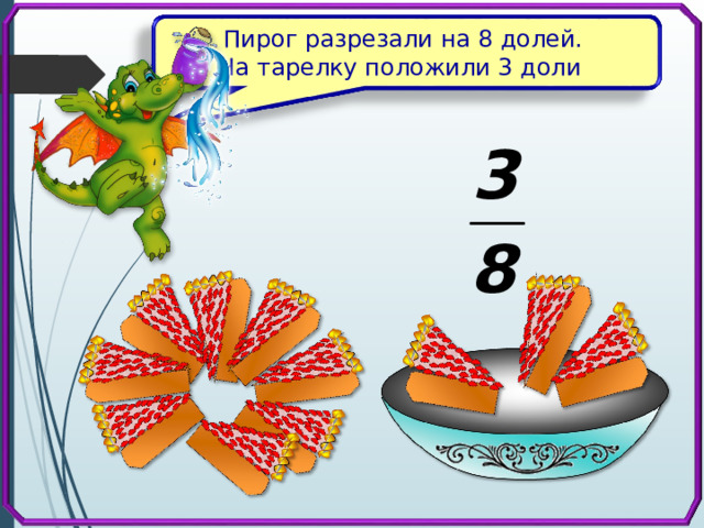 Пирог разрезали на 8 долей. На тарелку положили 3 доли 