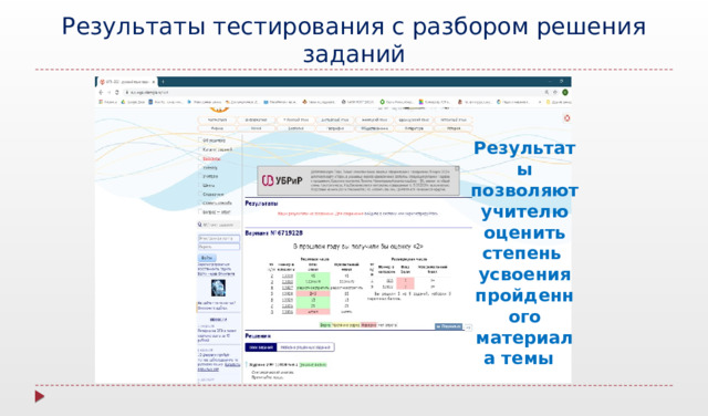Результаты тестирования с разбором решения заданий Результаты позволяют учителю оценить степень усвоения пройденного материала темы 