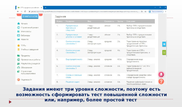 Задания имеют три уровня сложности, поэтому есть возможность сформировать тест повышенной сложности или, например, более простой тест 