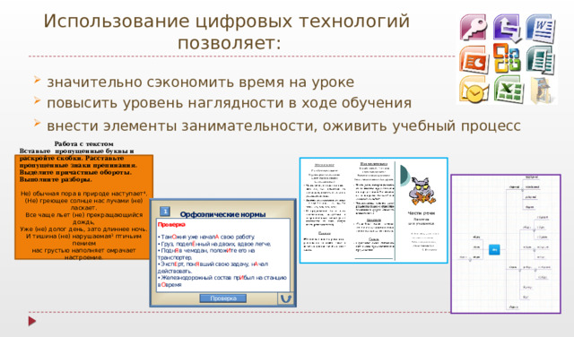Использование цифровых технологий  позволяет: значительно сэкономить время на уроке  повысить уровень наглядности в ходе обучения внести элементы занимательности, оживить учебный процесс   Работа с текстом Вставьте пропущенные буквы и раскройте скобки. Расставьте пропущенные знаки препинания. Выделите причастные обороты. Выполните разборы. Не) обычная пора в природе наступает 4 . (Не) греющее солнце нас лучами (не) ласкает. Все чаще льет (не) прекращающийся дождь, Уже (не) долог день, зато длиннее ночь. И тишина (не) нарушаемая 3 птичьим пением нас грустью наполняет омрачает настроение. 