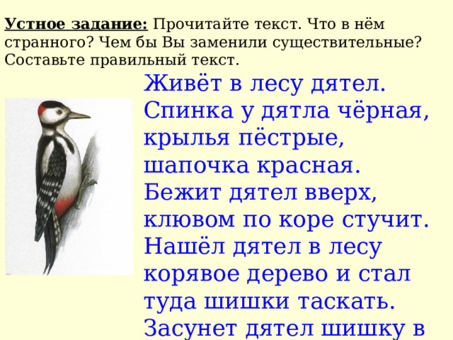 Устное задание: Прочитайте текст. Что в нём странного? Чем бы Вы заменили существительные? Составьте правильный текст. Живёт в лесу дятел. Спинка у дятла чёрная, крылья пёстрые, шапочка красная. Бежит дятел вверх, клювом по коре стучит. Нашёл дятел в лесу корявое дерево и стал туда шишки таскать. Засунет дятел шишку в трещину и семена выбирает. 